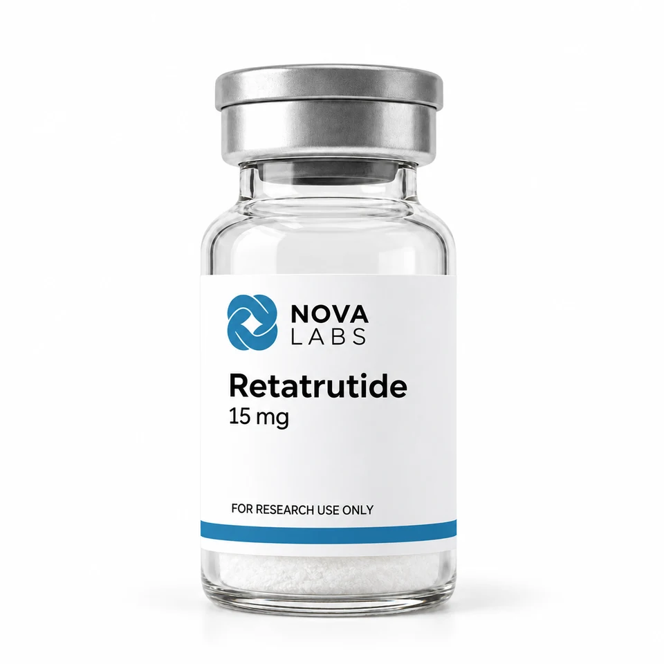 Nova Labs Retatrutide 15 mg med vit etikett, blå symbol och silverkapsyl